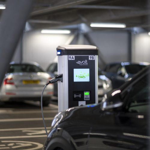 Image of electric vehicle charging point within a modular car park